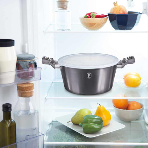 Product image of Casserole with lid 20cm. Part of the Metallic Line Carbon Pro Edition . Features: • Material: forged aluminum • Casserole with lid Ø20*10,4 cm 2,5L • 1 pcs smart lid • STACKABLE - SPACE SAVING • Color: metallic dark grey REGISTER.... (Studio view). Official Berlinger Haus product, boosted by Promintra sl.