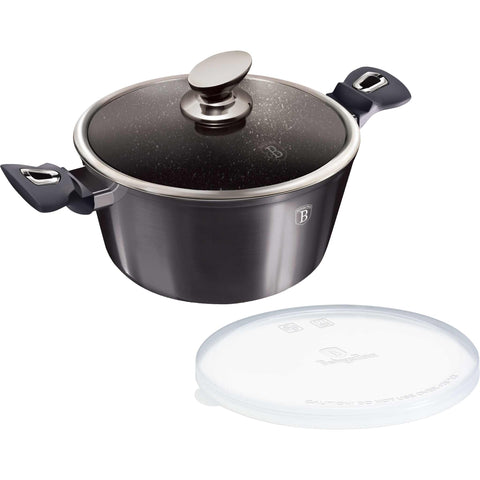 Product image of Casserole with lid 20cm. Part of the Metallic Line Carbon Pro Edition . Features: • Material: forged aluminum • Casserole with lid Ø20*10,4 cm 2,5L • Color: metallic dark grey REGISTERED DESIGN BY BERLINGER HAUS!. (Studio view). Official Berlinger Haus product, boosted by Promintra sl.