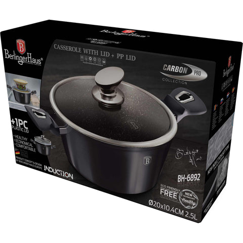 Product image of Casserole with lid 20cm. Part of the Metallic Line Carbon Pro Edition . Features: • Material: forged aluminum • Casserole with lid Ø20*10,4 cm 2,5L • Color: metallic dark grey REGISTERED DESIGN BY BERLINGER HAUS!. (Studio view). Official Berlinger Haus product, boosted by Promintra sl.