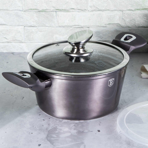 Product image of Casserole with lid 20cm. Part of the Metallic Line Carbon Pro Edition . Features: • Material: forged aluminum • Casserole with lid Ø20*10,4 cm 2,5L • Color: metallic dark grey REGISTERED DESIGN BY BERLINGER HAUS!. (Studio view). Official Berlinger Haus product, boosted by Promintra sl.