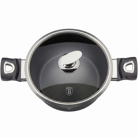 Product image of Casserole with lid 28cm. Part of the Metallic Line Carbon Pro Edition . Features: • Material: forged aluminum • Casserole with lid Ø24*12,4 cm 6,1L • Color: metallic dark grey REGISTERED DESIGN BY BERLINGER HAUS!. (Studio view). Official Berlinger Haus product, boosted by Promintra sl.