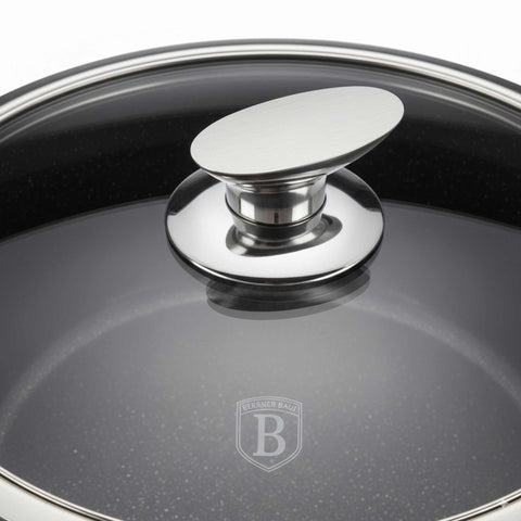 Product image of Casserole with lid 28cm. Part of the Metallic Line Carbon Pro Edition . Features: • Material: forged aluminum • Casserole with lid Ø24*12,4 cm 6,1L • Color: metallic dark grey REGISTERED DESIGN BY BERLINGER HAUS!. (Studio view). Official Berlinger Haus product, boosted by Promintra sl.