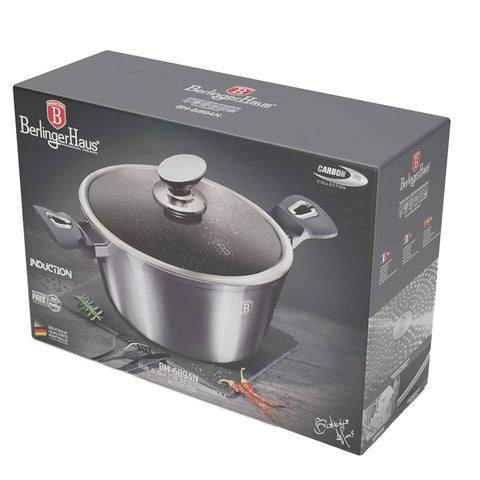 Product image of Casserole with lid 28cm. Part of the Metallic Line Carbon Pro Edition . Features: • Material: forged aluminum • Casserole with lid Ø24*12,4 cm 6,1L • Color: metallic dark grey REGISTERED DESIGN BY BERLINGER HAUS!. (Studio view). Official Berlinger Haus product, boosted by Promintra sl.