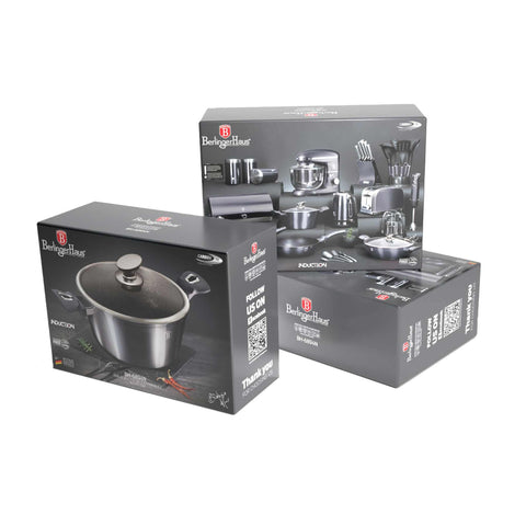 Product image of Casserole with lid 28cm. Part of the Metallic Line Carbon Pro Edition . Features: • Material: forged aluminum • Casserole with lid Ø24*12,4 cm 6,1L • Color: metallic dark grey REGISTERED DESIGN BY BERLINGER HAUS!. (Studio view). Official Berlinger Haus product, boosted by Promintra sl.