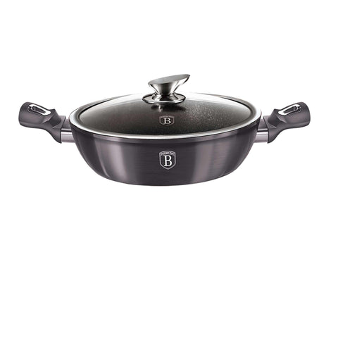 Product image of Shallow pot with lid 28cm. Part of the Metallic Line Carbon Pro Edition . Features: • Material: forged aluminum • Shallow pot with lid Ø28*7,5 cm 3,8L • Color: metallic dark grey REGISTERED DESIGN BY BERLINGER HAUS!. (Studio view). Official Berlinger Haus product, boosted by Promintra sl.