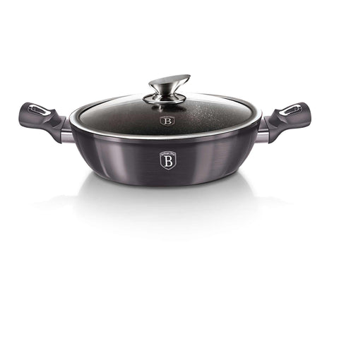 Product image of Shallow pot with lid 28cm. Part of the Metallic Line Carbon Pro Edition . Features: • Material: forged aluminum • Shallow pot with lid Ø28*7,5 cm 3,8L • Color: metallic dark grey REGISTERED DESIGN BY BERLINGER HAUS!. (Studio view). Official Berlinger Haus product, boosted by Promintra sl.