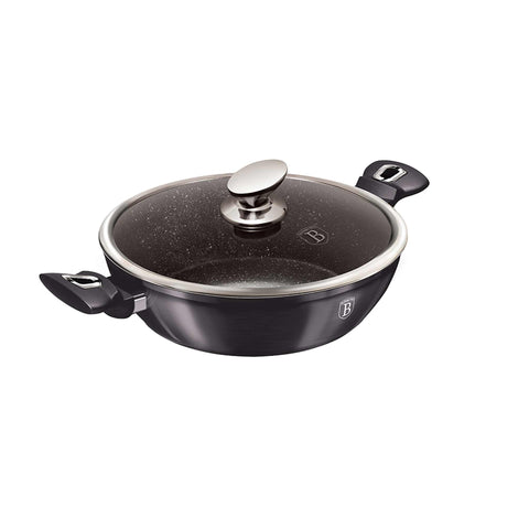 Product image of Shallow pot with lid 28cm. Part of the Metallic Line Carbon Pro Edition . Features: • Material: forged aluminum • Shallow pot with lid Ø28*7,5 cm 3,8L • Color: metallic dark grey REGISTERED DESIGN BY BERLINGER HAUS!. (Studio view). Official Berlinger Haus product, boosted by Promintra sl.