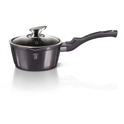 Product image of Sauce pan with lid 16cm. Part of the Metallic Line Carbon Pro Edition . Features: • Material: forged aluminum • Sauce pan with lid Ø16*7,5 cm 1,2L • Color: metallic dark grey REGISTERED DESIGN BY BERLINGER HAUS!. (Studio view). Official Berlinger Haus product, boosted by Promintra sl.
