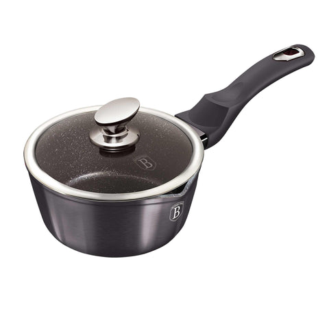 Product image of Sauce pan with lid 16cm. Part of the Metallic Line Carbon Pro Edition . Features: • Material: forged aluminum • Sauce pan with lid Ø16*7,5 cm 1,2L • Color: metallic dark grey REGISTERED DESIGN BY BERLINGER HAUS!. (Studio view). Official Berlinger Haus product, boosted by Promintra sl.