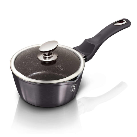 Product image of Sauce pan with lid 16cm. Part of the Metallic Line Carbon Pro Edition . Features: • Material: forged aluminum • Sauce pan with lid Ø16*7,5 cm 1,2L • Color: metallic dark grey REGISTERED DESIGN BY BERLINGER HAUS!. (Studio view). Official Berlinger Haus product, boosted by Promintra sl.