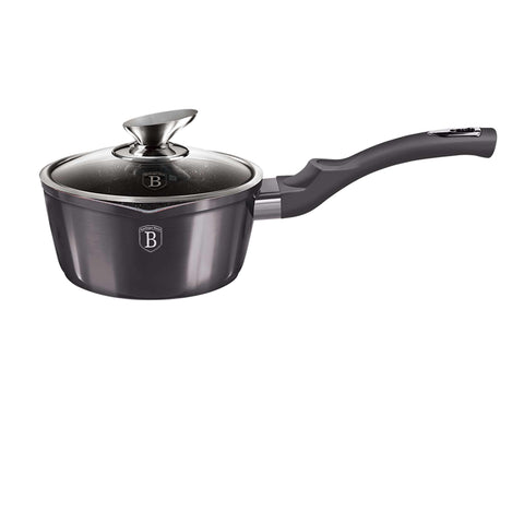 Product image of Sauce pan with lid 16cm. Part of the Metallic Line Carbon Pro Edition . Features: • Material: forged aluminum • Sauce pan with lid Ø16*7,5 cm 1,2L • Color: metallic dark grey REGISTERED DESIGN BY BERLINGER HAUS!. (Studio view). Official Berlinger Haus product, boosted by Promintra sl.