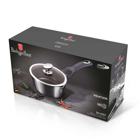 Product image of Sauce pan with lid 16cm. Part of the Metallic Line Carbon Pro Edition . Features: • Material: forged aluminum • Sauce pan with lid Ø16*7,5 cm 1,2L • Color: metallic dark grey REGISTERED DESIGN BY BERLINGER HAUS!. (Studio view). Official Berlinger Haus product, boosted by Promintra sl.