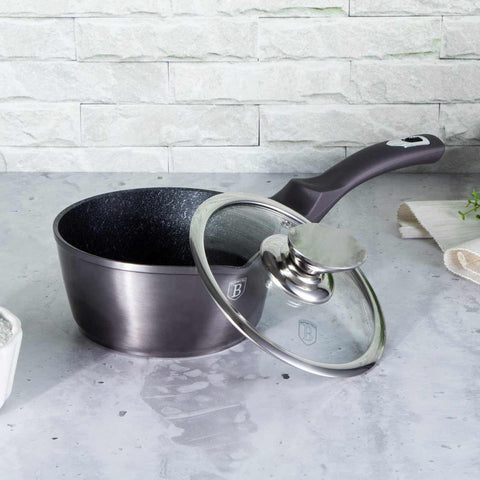 Product image of Sauce pan with lid 16cm. Part of the Metallic Line Carbon Pro Edition . Features: • Material: forged aluminum • Sauce pan with lid Ø16*7,5 cm 1,2L • Color: metallic dark grey REGISTERED DESIGN BY BERLINGER HAUS!. (Studio view). Official Berlinger Haus product, boosted by Promintra sl.