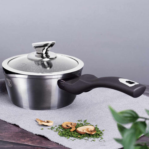 Product image of Sauce pan with lid 16cm. Part of the Metallic Line Carbon Pro Edition . Features: • Material: forged aluminum • Sauce pan with lid Ø16*7,5 cm 1,2L • Color: metallic dark grey REGISTERED DESIGN BY BERLINGER HAUS!. (Studio view). Official Berlinger Haus product, boosted by Promintra sl.