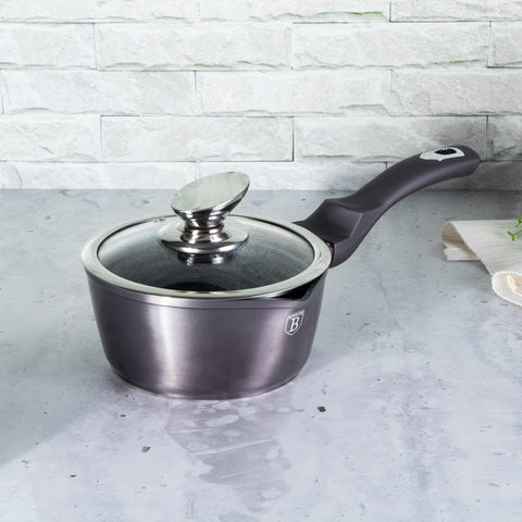 Product image of Sauce pan with lid 16cm. Part of the Metallic Line Carbon Pro Edition . Features: • Material: forged aluminum • Sauce pan with lid Ø16*7,5 cm 1,2L • Color: metallic dark grey REGISTERED DESIGN BY BERLINGER HAUS!. (Studio view). Official Berlinger Haus product, boosted by Promintra sl.