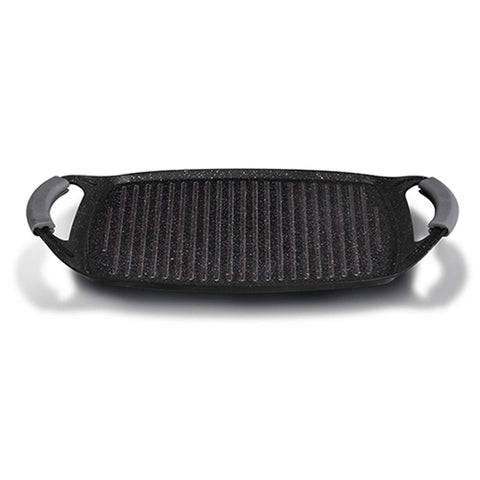 Product image of Grill plate 47cm. Part of the Metallic Line Carbon Pro Edition . Features: • Material: forged aluminum • Size: 47*29 cm • Color: dark grey • FREE 2 PCS HEAT RESISTANT SILICONE HANDLE. (Studio view). Official Berlinger Haus product, boosted by Promintra sl.