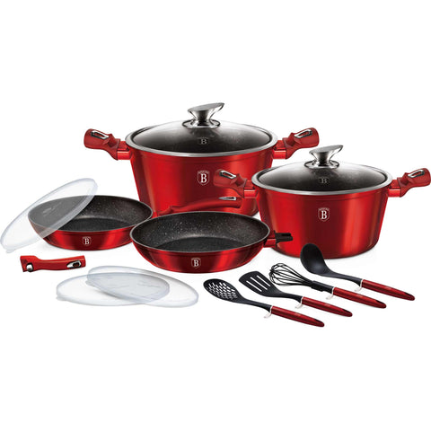  BH/7057, Juego de utensilios de cocina de 13 piezas con mango desmontable, color burdeos y rojo. Incluye: ollas, sartenes y cacerolas.