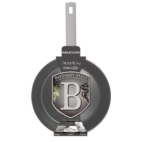 Product image of Frypan 20cm. Part of the Aspen Collection . Features: • Material: forged aluminum with grey titan non-stick coating • Frypan Ø20*4,5 cm 1,0L • Color: matt grey REGISTERED DESIGN BY BERLINGER HAUS!. (Studio view). Official Berlinger Haus product, boosted by Promintra sl.