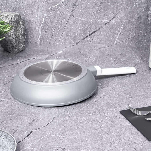 Product image of Frypan 28cm. Part of the Aspen Collection . Features: • Material: forged aluminum with grey titan non-stick coating • Frypan Ø28*5,2 cm 2,4L • Color: matt grey REGISTERED DESIGN BY BERLINGER HAUS!. (Studio view). Official Berlinger Haus product, boosted by Promintra sl.