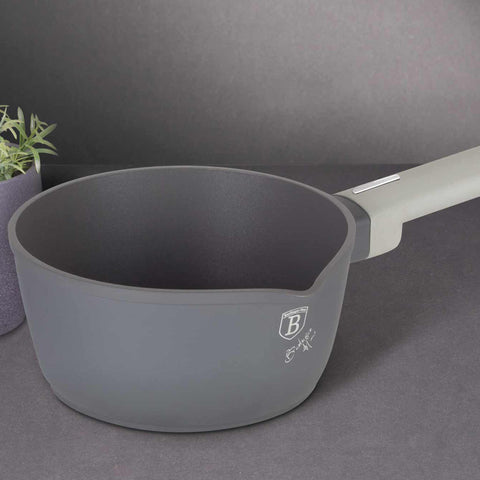 Product image of Sauce pan 16cm. Part of the Aspen Collection . Features: • Material: forged aluminum with grey titan non-stick coating • Sauce pan Ø16*7 cm 1,2L • Color: matt grey REGISTERED DESIGN BY BERLINGER HAUS!. (Studio view). Official Berlinger Haus product, boosted by Promintra sl.