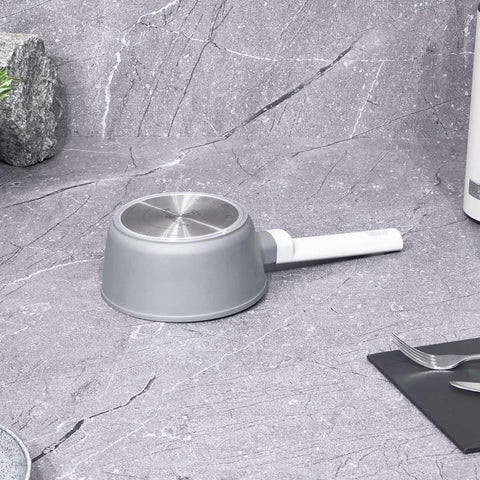 Product image of Sauce pan 16cm. Part of the Aspen Collection . Features: • Material: forged aluminum with grey titan non-stick coating • Sauce pan Ø16*7 cm 1,2L • Color: matt grey REGISTERED DESIGN BY BERLINGER HAUS!. (Studio view). Official Berlinger Haus product, boosted by Promintra sl.