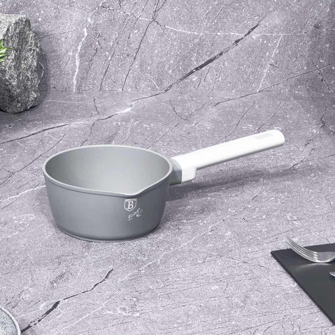 Product image of Sauce pan 16cm. Part of the Aspen Collection . Features: • Material: forged aluminum with grey titan non-stick coating • Sauce pan Ø16*7 cm 1,2L • Color: matt grey REGISTERED DESIGN BY BERLINGER HAUS!. (Studio view). Official Berlinger Haus product, boosted by Promintra sl.