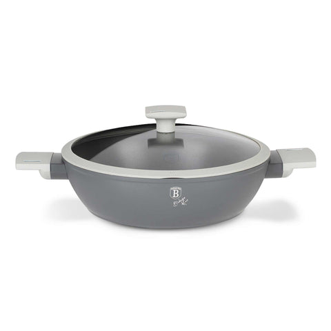 Product image of Shallow pot with lid 28cm. Part of the Aspen Collection . Features: • Material: forged aluminum with grey titan non-stick coating • Shallow pot with lid Ø28*7,5 cm 3,8L • Color: matt grey REGISTERED DESIGN BY BERLIN.... (Studio view). Official Berlinger Haus product, boosted by Promintra sl.
