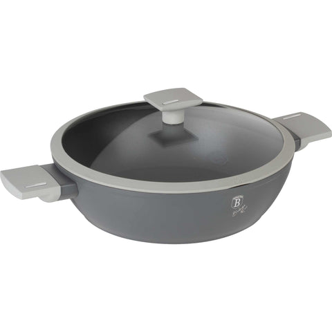 Product image of Shallow pot with lid 28cm. Part of the Aspen Collection . Features: • Material: forged aluminum with grey titan non-stick coating • Shallow pot with lid Ø28*7,5 cm 3,8L • Color: matt grey REGISTERED DESIGN BY BERLIN.... (Studio view). Official Berlinger Haus product, boosted by Promintra sl.