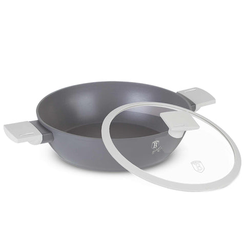 Product image of Shallow pot with lid 28cm. Part of the Aspen Collection . Features: • Material: forged aluminum with grey titan non-stick coating • Shallow pot with lid Ø28*7,5 cm 3,8L • Color: matt grey REGISTERED DESIGN BY BERLIN.... (Studio view). Official Berlinger Haus product, boosted by Promintra sl.