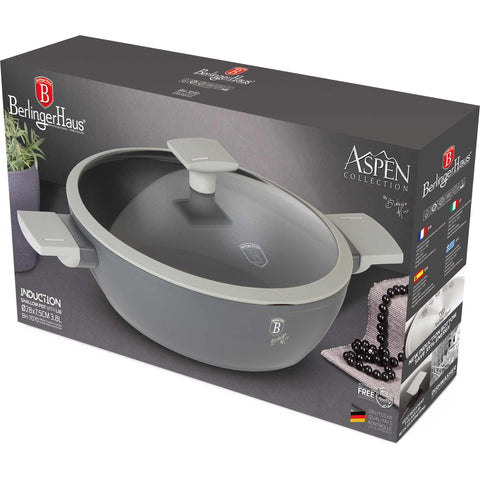 Product image of Shallow pot with lid 28cm. Part of the Aspen Collection . Features: • Material: forged aluminum with grey titan non-stick coating • Shallow pot with lid Ø28*7,5 cm 3,8L • Color: matt grey REGISTERED DESIGN BY BERLIN.... (Studio view). Official Berlinger Haus product, boosted by Promintra sl.