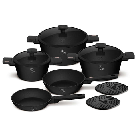 Product image of 10pcs cookware set. Part of the Monaco Collection . Features: • Material: forged aluminum with black titan non-stick coating • Include: • Frypan Ø20*4,5 cm 1,0L • Deep frypan Ø24*6,5 cm 2,3L • Casserole with (.... (Studio view). Official Berlinger Haus product, boosted by Promintra sl.