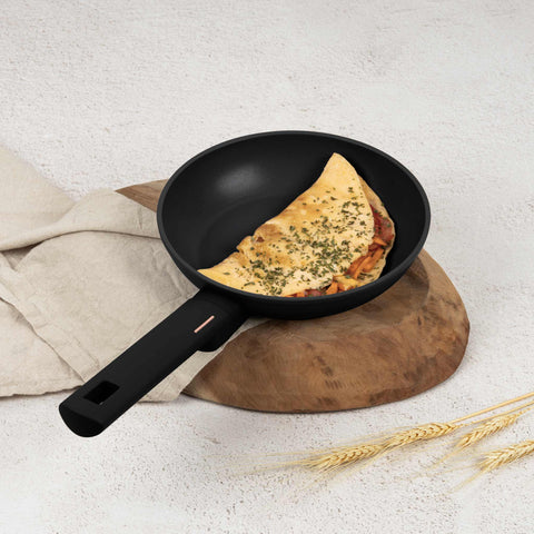 Product image of Frypan 20cm. Part of the Monaco Collection . Features: • Material: forged aluminum with black titan non-stick coating • Frypan Ø20*4,5 cm 1,0L • Color: black- rose gold REGISTERED DESIGN BY BERLINGER HAUS!. (Studio view). Official Berlinger Haus product, boosted by Promintra sl.