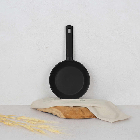 Product image of Frypan 20cm. Part of the Monaco Collection . Features: • Material: forged aluminum with black titan non-stick coating • Frypan Ø20*4,5 cm 1,0L • Color: black- rose gold REGISTERED DESIGN BY BERLINGER HAUS!. (Studio view). Official Berlinger Haus product, boosted by Promintra sl.