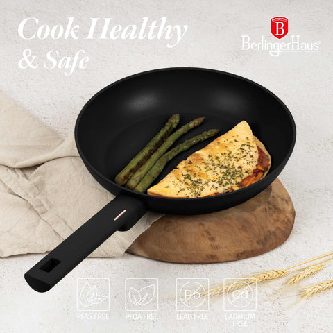 Product image of Frypan 28cm. Part of the Monaco Collection . Features: • Material: forged aluminum with black titan non-stick coating • Frypan Ø28*5,2 cm 2,4L • Color: black- rose gold REGISTERED DESIGN BY BERLINGER HAUS!. (Studio view). Official Berlinger Haus product, boosted by Promintra sl.