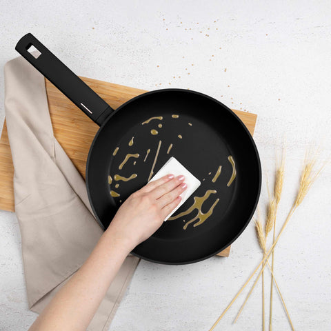 Product image of Frypan 28cm. Part of the Monaco Collection . Features: • Material: forged aluminum with black titan non-stick coating • Frypan Ø28*5,2 cm 2,4L • Color: black- rose gold REGISTERED DESIGN BY BERLINGER HAUS!. (Studio view). Official Berlinger Haus product, boosted by Promintra sl.