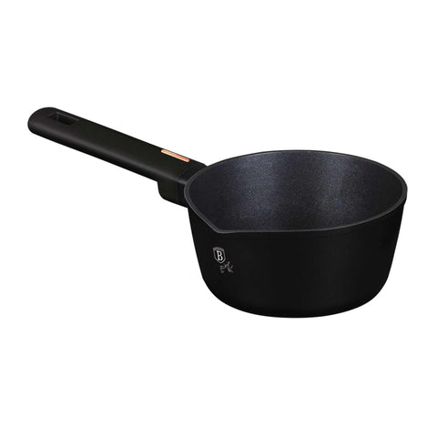 Product image of Sauce pan 16cm. Part of the Monaco Collection . Features: • Material: forged aluminum with black titan non-stick coating • Sauce pan Ø16*7 cm 1,2L • Color: black- rose gold REGISTERED DESIGN BY BERLINGER H.... (Studio view). Official Berlinger Haus product, boosted by Promintra sl.