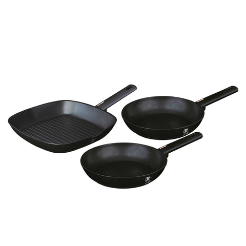 sartén, juego de sartenes, sartén, juego de sartenes, sartén grill, utensilios de cocina, cocinar, juego de sartenes de 3 piezas, negro mate, RENEW, BH/7096, BH/7096N