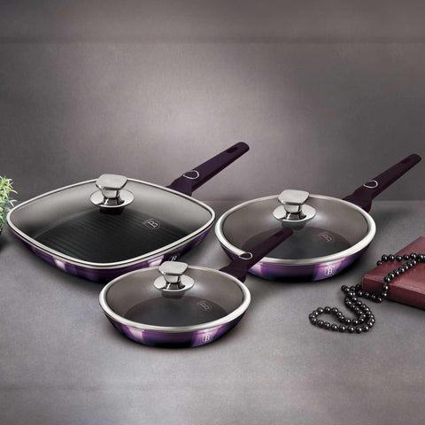 BH/7107, juego de 6 sartenes, morado, juego de 6 sartenes, sartén, juego de sartenes, juego de sartenes con tapa, sartén, juego de sartenes, sartén para parrilla, utensilios de cocina, cocina, sartenes, juego de sartenes