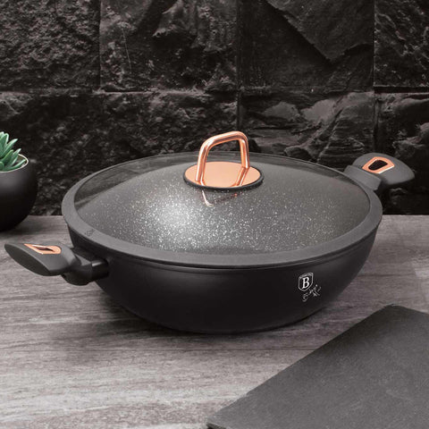 wok, wok con tapa, batería de cocina, cocinar,wok de 30 cm con tapa,negro/oro rosa,BH/7112