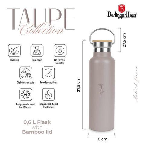Product image of Flask with bamboo lid 0,6L. Part of the Taupe Collection . Features: • Material: 18/10 stainless steel with matt powder coating • Bamboo lid • Capacity: 0,6 L • Color: matt taupe • Packing: giftbox. (Studio view). Official Berlinger Haus product, boosted by Promintra sl.