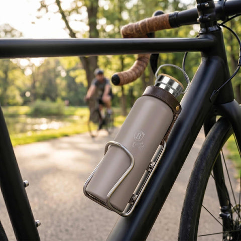 Product image of Flask with bamboo lid 0,6L. Part of the Taupe Collection . Features: • Material: 18/10 stainless steel with matt powder coating • Bamboo lid • Capacity: 0,6 L • Color: matt taupe • Packing: giftbox. (Studio view). Official Berlinger Haus product, boosted by Promintra sl.
