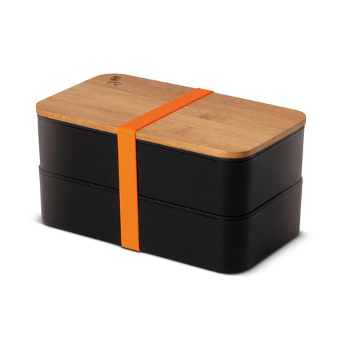  BH/7206, Lonchera de 2 capas con tapa de bambú, negra, lonchera, contenedor de alimentos, caja de alimentos, almacenamiento de alimentos, tapa de bambú