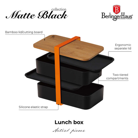 BH/7206, lonchera de 2 capas con tapa de bambú, negra, lonchera, contenedor de alimentos, caja de alimentos, almacenamiento de alimentos, tapa de bambú, Berlinger Haus, Promintra, caja de regalo, conceptual, estilo de vida