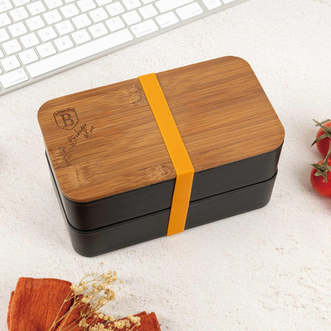 BH/7206, Lonchera de 2 capas con tapa de bambú, negra, lonchera, contenedor de alimentos, caja de alimentos, almacenamiento de alimentos, tapa de bambú