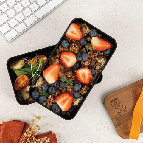  BH/7206, Lonchera de 2 capas con tapa de bambú, negra, lonchera, contenedor de alimentos, caja de alimentos, almacenamiento de alimentos, tapa de bambú