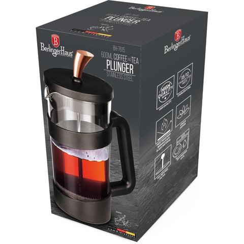  BH/7615, Cafetera de émbolo para café y té de 600 ml, Negra, Oro rosa, Cafetera de émbolo para café y té, Cafetera de émbolo para café y té, Prensa francesa, Electrodomésticos de cocina, Cafetera