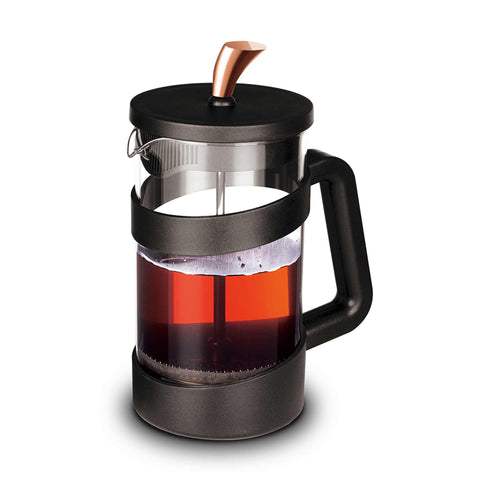 Product image of Coffee & tea plunger 1000ml. Part of the Black Rose Collection . Features: • Coffee & tea plunger • Material: 18/10 stainless steel, plastic lid borosilicate glass ( 1,8mm ) • Capacity 1000 ml • Colors: black- rose gold. (Conceptual view). Official Berlinger Haus product, boosted by Promintra sl.