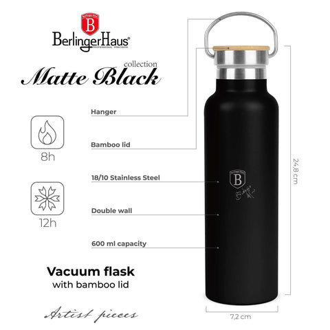 Product image of Flask with bamboo lid 0,6L. Part of the Matte Black Collection . Features: • Material: 18/10 stainless steel with matt powder coating • Bamboo lid • Capacity: 0,6 L • Color: black- silver • Packing: giftbox. (Studio view). Official Berlinger Haus product, boosted by Promintra sl.
