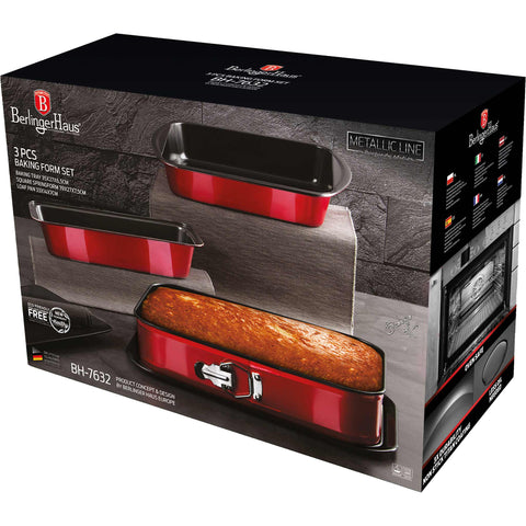  BH/7632, juego de 3 moldes para hornear, burdeos, rojo, utensilios para hornear, juego de moldes para hornear, hornear, molde desmontable cuadrado, asador, molde para pan, molde para hornear