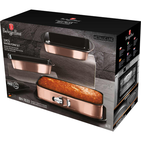  BH/7633, juego de 3 moldes para hornear, oro rosa, utensilios para hornear, juego de moldes para hornear, hornear, molde desmontable cuadrado, asador, molde para pan, molde para hornear